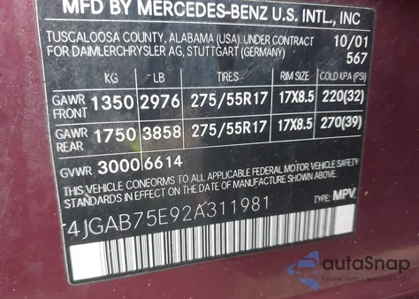 2002 Mercedes-Benz Ml 500 z USA, uszkodzony, nr VIN 4JGAB75E92A311981